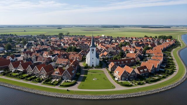 Aerial view of a small town surrounded by water and green fields with a church in the center and houses with orange roofs.