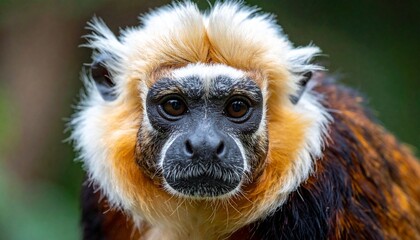 Fototapeta premium Close up portrait of a Geoffroys Tamarin monkey with distinctive golden hair and dark facial features looking directly at the camera lens.