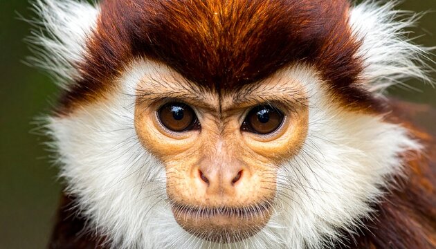 Close up portrait of a red shanked douc langur monkey looking directly at camera with beautiful fur and intense dark eyes in natural habitat.