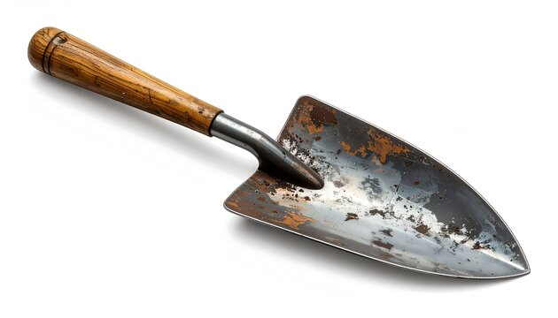 Rusty Garden Trowel with Wooden Handle on White Background.