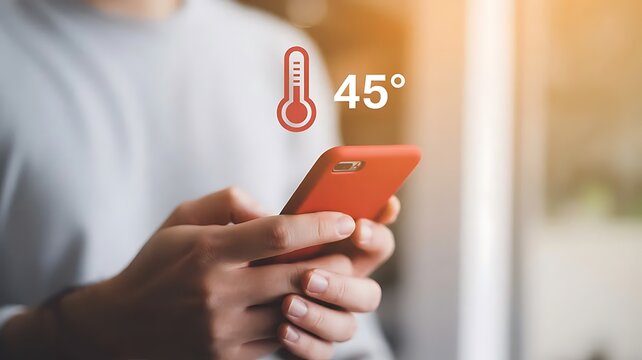 Person holding a smartphone with an overheating warning icon and 45 degree temperature indicator