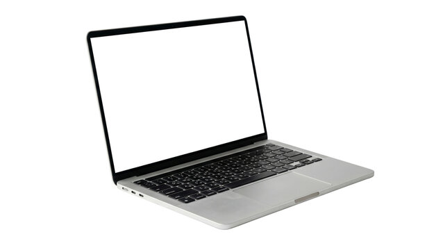 Premium silver laptop with black bezel and empty screen presented in three quarter perspective on transparent checkered background, great for digital advertising or app showcase.