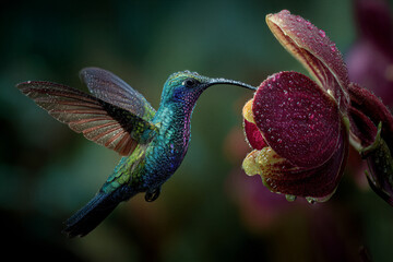 Fototapeta premium Emerald hummingbird hovering near crimson tropical orchid drinking nectar in rainforest. Sunlight Tyndall effect, lighting. Left negative space for text. Ideal for nature magazine cover.