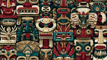 Obraz premium Tribal mask seamless pattern, ethnic decorative background for textile and surface design