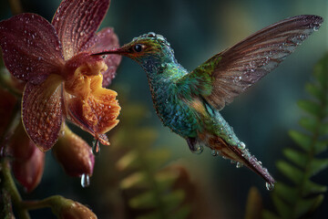 Fototapeta premium Emerald hummingbird hovering near crimson tropical orchid drinking nectar in rainforest. Sunlight Tyndall effect, lighting. Left negative space for text. Ideal for nature magazine cover.