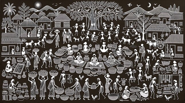 Traditional Tribal Village High-Contrast Warli Art Concept, Warli market scene, Indian village bazaar, Traditional folk art illustration