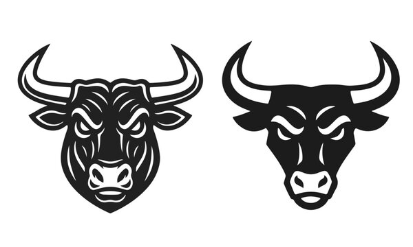 Set of bull heads in bold line art style isolated on white. strong animal symbols for logos and design. bull head, strong animal, farm livestock, powerful symbol