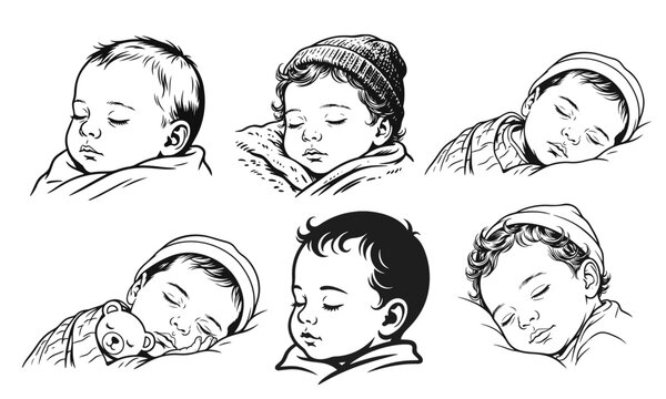 Set of sleeping baby portraits in line art style isolated on white. peaceful newborn faces in cute poses. baby sleep, newborn child, cute infant, calm rest, family care
