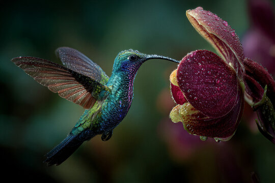 Emerald hummingbird hovering near crimson tropical orchid drinking nectar in rainforest. Sunlight Tyndall effect, lighting. Left negative space for text. Ideal for nature magazine cover.