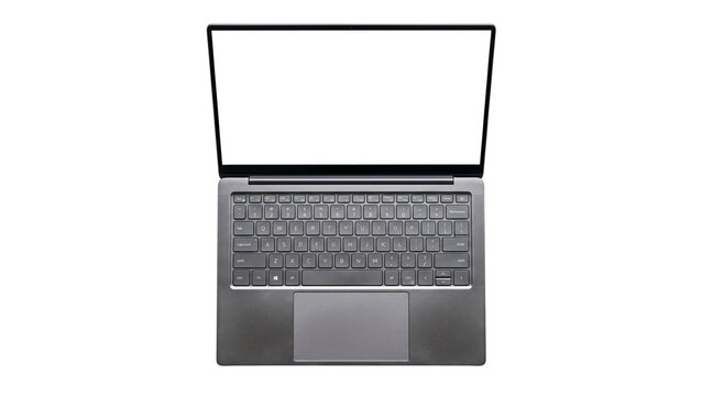 Top view of modern grey laptop with transparent screen and open lid on grey checkered background isolated object for design mockups and presentations technology concepts.