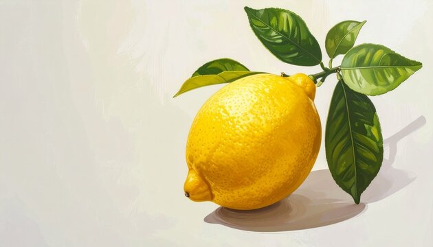 A beautiful illustration of a ripe bright yellow lemon with fresh green leaves isolated on a plain background for organic wellness design.