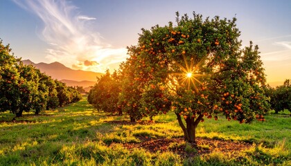 Fototapeta premium Scenic view of a vibrant orange orchard at golden hour with soft sunlight filtering through the lush green trees and ripe citrus fruits hanging.