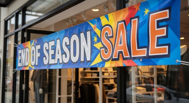 End of season sale banner hanging on storefront window. Retail advertising sign for apparel shop promotion. Seasonal discount event marketing material for fashion store customer attraction.