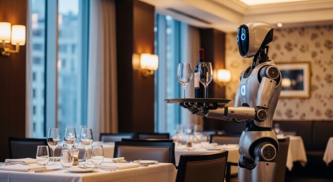 Humanoid robot waiter serving wine in restaurant. Autonomous machine carrying tray with glass and bottle at dining table. Future of innovative hospitality and automated service industry.