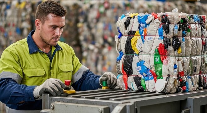 Man operator pushing button on recycling machine to process plastic waste. Worker managing compressed bale of trash at waste management facility. Industrial eco friendly industry concept.
