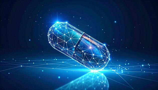 A glowing digital pill capsule represented with a wireframe mesh structure and blue light particles for pharmaceutical innovation and research.