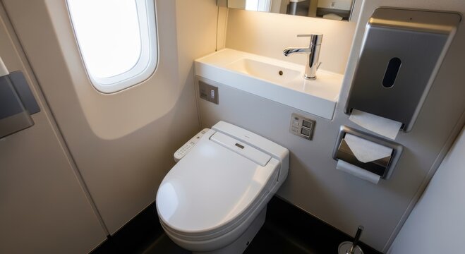 Modern airplane lavatory interior with a white toilet and sink. Compact aircraft restroom design with high end fixtures and a window. Concept of luxury travel and airline comfort.