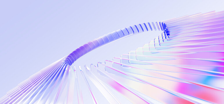 Hologram glass radial circle 3D pattern in perspective. Abstract ring of iridescent transparent lines on pastel blue background. Rainbow gradient light beams, circular geometric burst. 3D illustration