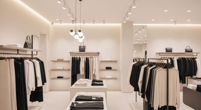 Modern clothing store interior with minimalist racks and displays. Elegant boutique with curated black and white fashion collection. High end retail shop design for shopping experience.