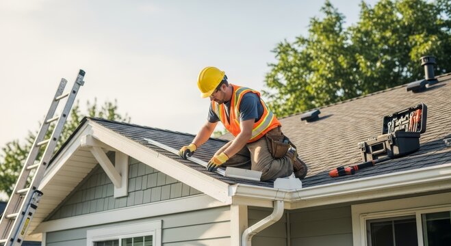 Roofer installing gutter on house roof. Professional man wearing safety helmet and reflective vest working on construction site. Residential building maintenance and exterior renovation job.