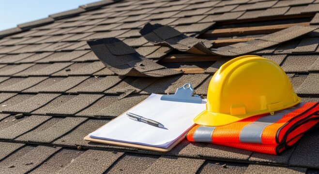 Roofer inspecting damaged asphalt shingles on house roof. Safety helmet and clipboard with pen for house repair assessment. Building construction maintenance and renovation concept.