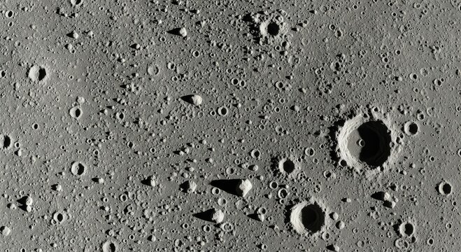 Surface of the Moon with craters. Lunar landscape showing rocky terrain and geological depression. Scientific observation of celestial body in space for astronomical study and research.