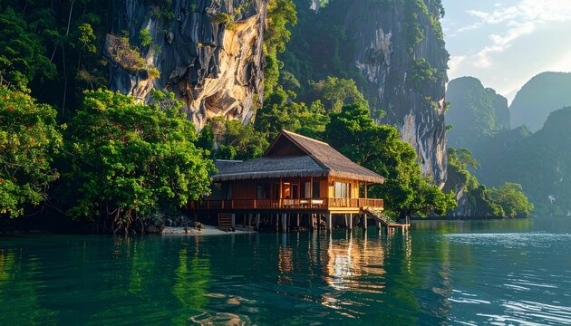 Serene tropical bungalow perched on wooden stilts over calm turquoise water surrounded by lush mountains and dense exotic jungle landscape.