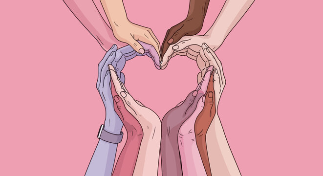 Diverse hands forming a heart shape, symbolizing unity and support.
