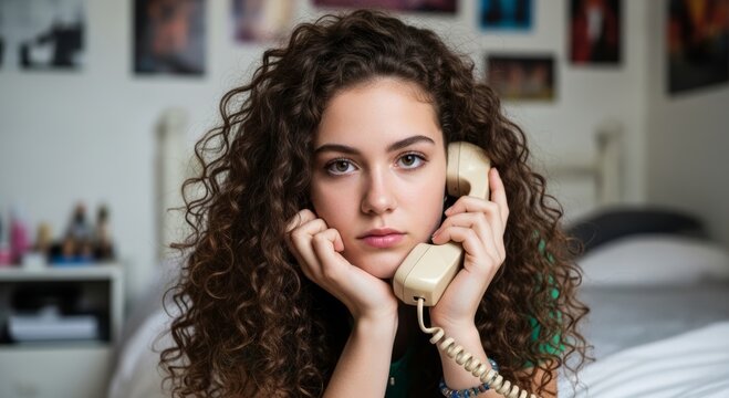 Woman with curly hair talking on vintage rotary telephone in bedroom. Communication and nostalgia concept. Teenager holding old corded landline phone receiver. Indoor lifestyle scene.