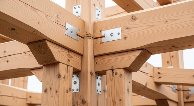 Wooden beams joined with metal plates in building construction. Structural timber frame joint detailing of a house under development. Carpentry and civil engineering industry concept.