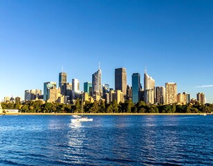 Naklejka premium Sydney city skyline with modern skyscrapers reflecting in the harbor water under a clear blue sky.