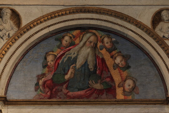 Lunette Fresco Depicting God The Father Blessing with Angels at the Basso della Rovere Chapel at the Santa Maria del Popolo Basilica in Rome, Italy