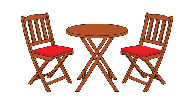 Simple illustration of a wooden table and two folding chairs with red cushions