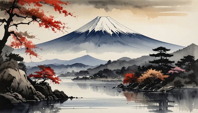 A stunning watercolor painting featuring a majestic snow capped mountain peak reflecting in a calm lake surrounded by vibrant autumn forest trees.