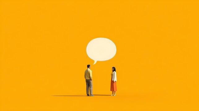 Two people are chatting, but between them is a giant empty speech bubble that only contains. Small Talk Simulator concept for background 