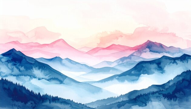 A beautiful abstract watercolor landscape featuring layers of misty blue mountain ranges with a soft pastel pink sky at sunrise or sunset.