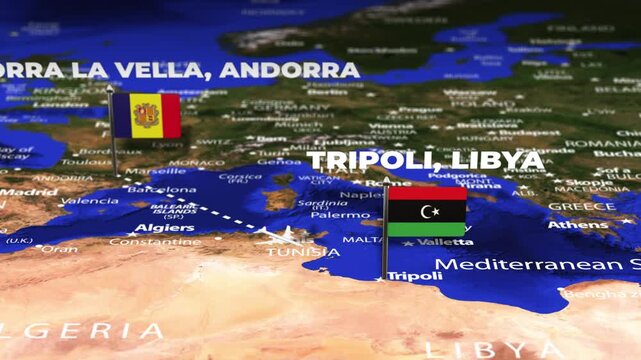 Flight From Andorra la Vella ANDORRA Tripoli LIBYA with flag pins