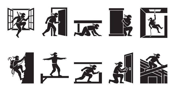 Collection of black silhouette icons depicting ninjas performing stealthy actions like climbing, sneaking, and lock picking in various environments.