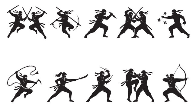 A collection of diverse black silhouettes of ninjas engaged in various combat poses and weapon use against a white background.
