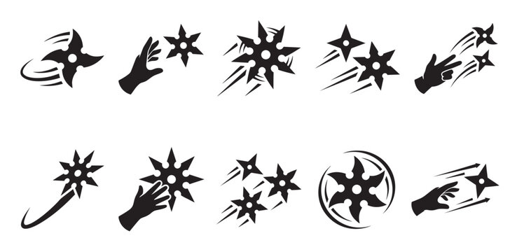 A collection of black silhouette icons depicting shuriken or ninja stars in various actions like throwing, spinning, and in motion trails.
