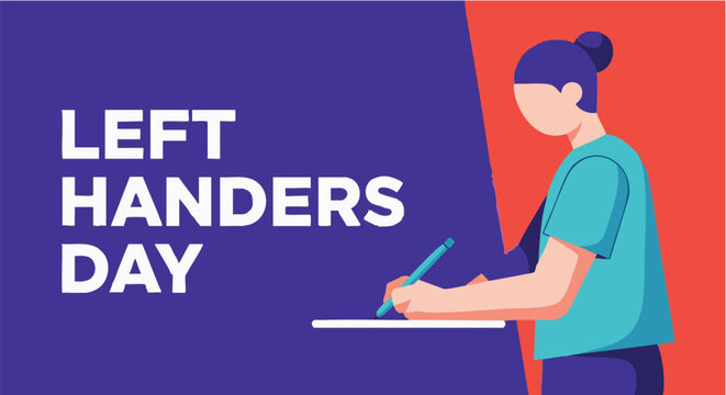 Left-handed woman writing on paper in blue shirt with bun for Left Handers Day