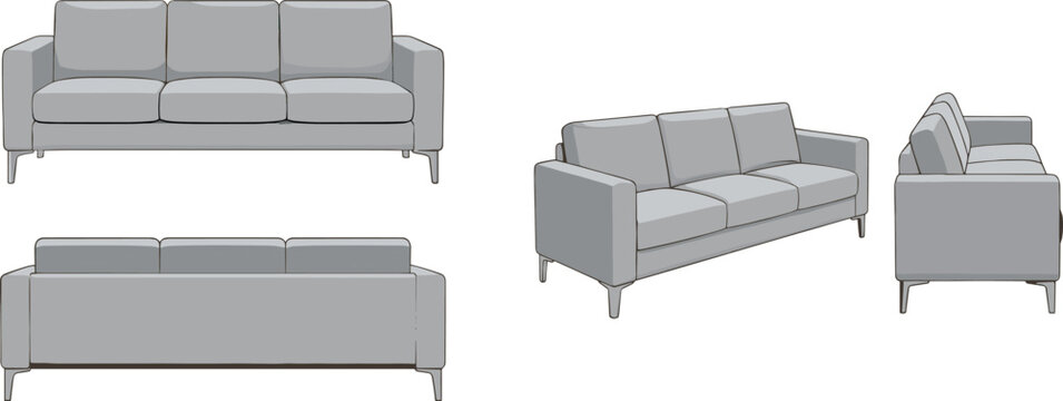 Modern three seater grey fabric sofa shown from multiple angles including front, side, back, and perspective views isolated on white background for furniture catalog