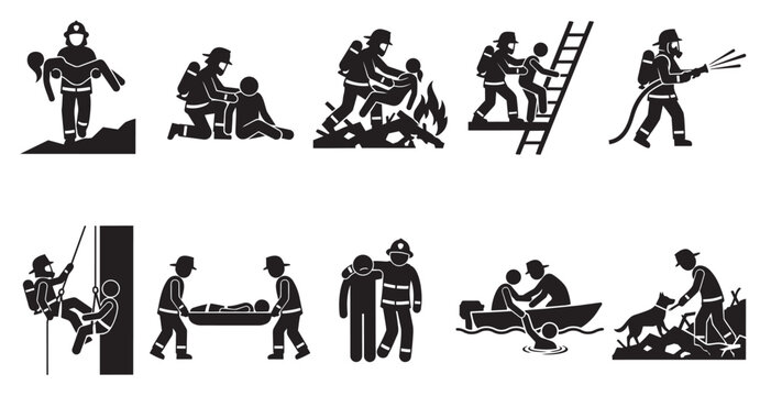 A collection of black and white pictogram icons showing various rescue scenarios performed by firefighters, including carrying people, using ladders, water hoses, and rappelling.