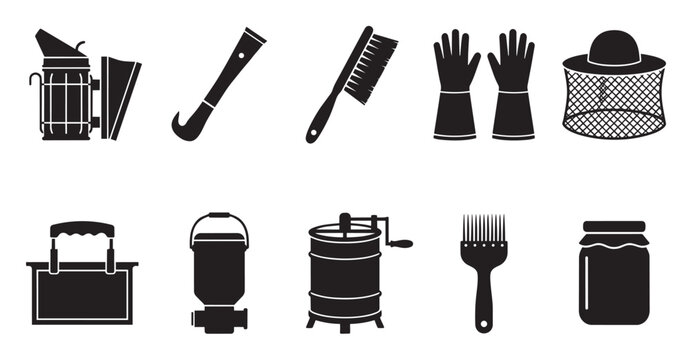 A collection of black silhouette icons representing various beekeeping tools and equipment, isolated on a white background.