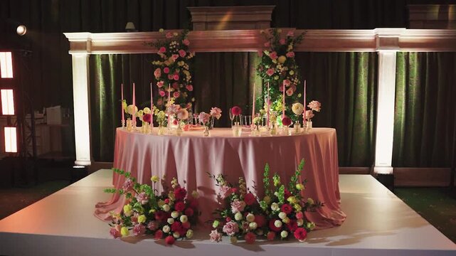 Luxurious wedding flower arrangements. Sophisticated centerpiece with gentle lighting ambiance. Exquisite floral arrangements complementing lavish ceremony table with warm illumination and elegance