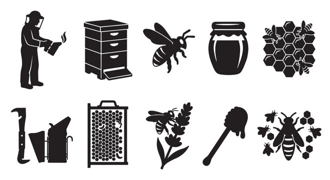 A collection of black silhouette icons depicting beekeeping elements, including a beekeeper, hive, bees, honeycomb, honey jar, and tools.