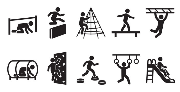 A collection of simple black silhouette icons depicts children engaged in various playground activities and physical challenges, representing fun and development.