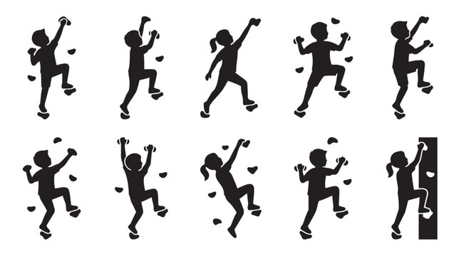 Collection of black silhouettes of children ascending a climbing wall, demonstrating diverse poses and movements against a clean white background.