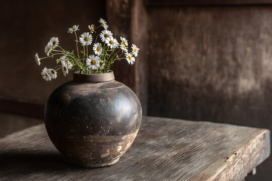 Imperfect stoneware pottery vase on weathered wood surface, wabi-sabi