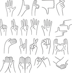 Fototapeta premium Hand Drawn Hand Gestures Doodle Set - Vector Line Art of Finger Counting, Heart Sign, Thumbs Up, and Communication Symbols